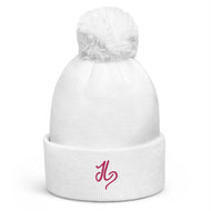 JLay White PomPom Beanie - Pink Logo