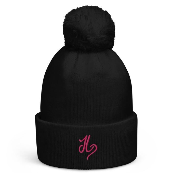 JLay Black PomPom Beanie - Pink Logo