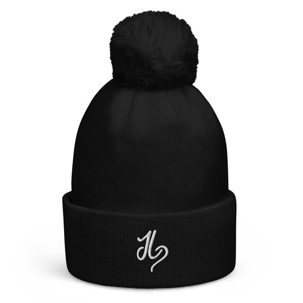 JLay Black PomPom Beanie - White Logo