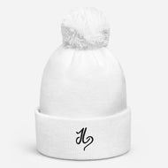 JLay White PomPom Beanie - Black Logo