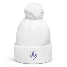 Load image into Gallery viewer, JLay White PomPom Beanie - Purple Logo
