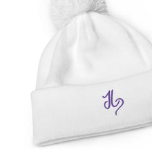 Load image into Gallery viewer, JLay White PomPom Beanie - Purple Logo
