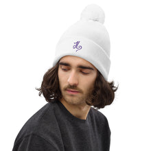 Load image into Gallery viewer, JLay White PomPom Beanie - Purple Logo
