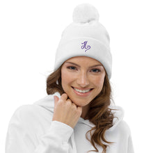 Load image into Gallery viewer, JLay White PomPom Beanie - Purple Logo
