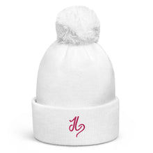 Load image into Gallery viewer, JLay White PomPom Beanie - Purple Logo
